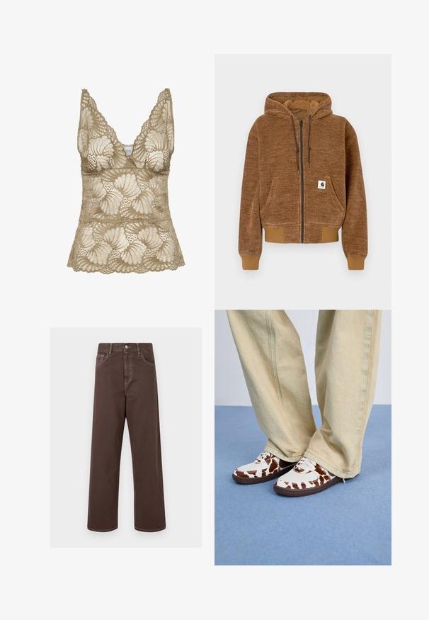 Rjava zip-up kapuca z nastavljivo kapuco, sprednjim žepom, rebrastimi manšetami in spodnjim robom ter belim Carhartt logotipom na žepu.; Bež sametni top s čipkastimi detajli, s V-izrezom, s valovitimi robovi in cvetličnim vzorcem. Mehka tekstura z zapletenim okrasjem.; Rjave široke jeans hlače z kontrastnim šivom, petimi žepek in kovinskim gumbom za zapiranje. Gladka tekstura, ravno krojenje.; Bele in rjave športne copate z mrežasto in usnjeno površino, ki imajo rjave gumijaste podplate. Ujemajo se z svetlobejžnimi širokimi hlačami.