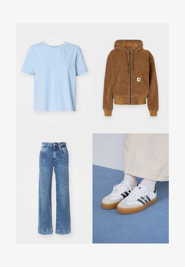 Pruun tõmbluku ja kapuutsi ning stringiga dressipluus, esiosa tasku, soonikuga varrukaotsad ja hem ning valge Carhartti brändi silt taskus.; Hele sinine puuvillane T-särk lühikeste varrukatega, ümmarguse kaeluse ja sirge lõikega. Omab külgmisi lõhikku, mis lisab stiili ja mugavust.; Heledad sinine denim laiad püksid kõrge vöökoha ja ees olevate taskutega, millel on õmblusdetailid. Alläär on keeratud ja õmmeldud.; Valged tossud mustade triipudega ja beeži nahaga aktsentidega. Omavad tekstuuriga kummist talla ja lamedaid valgeid paelu, kantud heledate sokkidega.