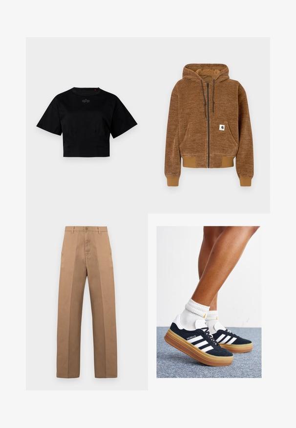 Felpa con zip marrone, cappuccio con cordino, tasca frontale, polsini e orlo a coste, etichetta bianca del marchio Carhartt sulla tasca.; T-shirt nera cropped in cotone. Presenta maniche corte e scollatura rotonda. Include un dettaglio logo sottile sul petto.; Pantaloni di cotone marroni con design a gamba dritta, caratterizzati da una chiusura con bottoni, passanti per cintura e cuciture minimaliste per un look pulito.; Sneakers in pelle scamosciata nera con strisce e dettagli bianchi, punta arrotondata, suola in gomma color gomme, abbinate a calzini bianchi a coste alla caviglia.