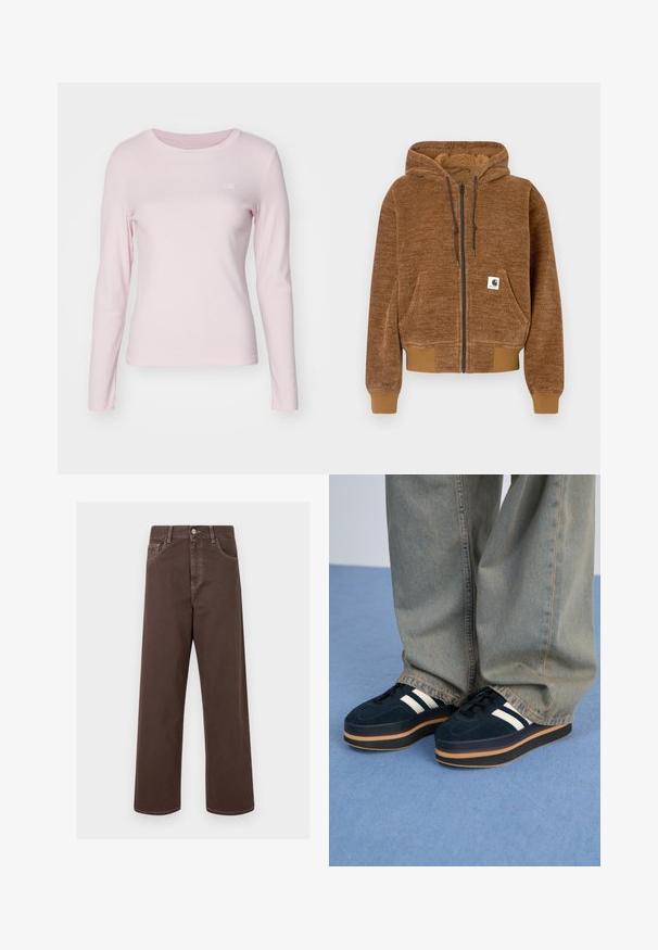 Braune Kapuzenjacke mit Reißverschluss, mit Kordelzugkapuze, Vordertasche, gerippten Bündchen und Saum sowie einem weißen Carhartt-Label auf der Tasche.; Levi's® ESSENTIAL TEE - Langarmshirt - potpourri; Braune weit geschnittene Jeanshose mit kontrastierenden Nähten, fünf Taschen und einer metallenen Knopfverschlus. Glatte Textur, gerader Schnitt.; Dunkelblaue Wildleder-Plattform-Sneaker mit weißen Streifen und schwarzen Schnürsenkeln. Mit einer dicken braunen Gummisohle ausgestattet. Tragen Sie sie mit hellblauen Jeans.