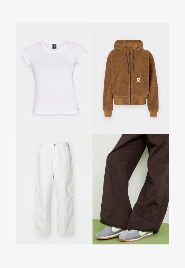 Pruun tõmbluku ja kapuutsi ning stringiga dressipluus, esiosa tasku, soonikuga varrukaotsad ja hem ning valge Carhartti brändi silt taskus.; Valge lühikeste varrukatega T-särk, ümmarguse kaelusega, pehmest kangast. Sellel on rinnal väike logo ja sirge alläär.; Valged teksapüksid, millel on lõdvema lõikega, küljetaskud ja silmapaistvad õmblused. Ees on ühtlane, nööbiga sulgemine.; Pruunid avarad püksid sujuva tekstuuriga ja külgõmblustega, kombineeritud hallide ja valgete retrostiilis tossudega, millel on kummi aluspind.