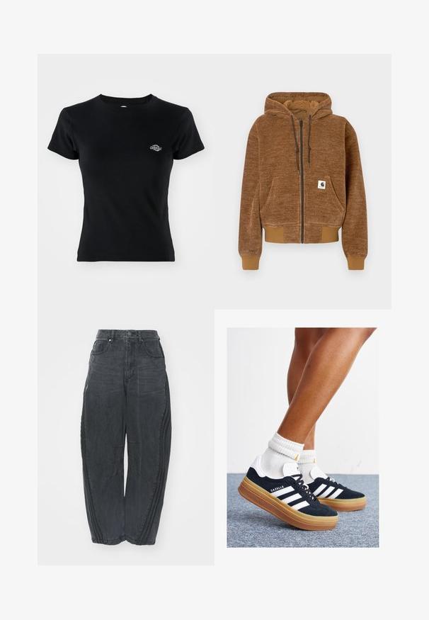 Brūns kapuce ar rāvējslēdzēju, ar regulējamu kapuci, priekšējo kabatu, ribotu aproču un apakšmalu, un balto Carhartt zīmola etiķeti uz kabatas.; Melnā ribota T-kreklus ar apaļu kakla izgriezumu un īsām piedurknēm, ar nelielu izšūtu logotipu kreisajā krūšu daļā.; Lielas melnas džinsu bikses ar izbalējušu apdari, piecām kabatām, vidukļa pogu aizdari un izšuvumiem priekšpusē un sānos.; Melnas zamšādas sporta kurpes ar baltām svītrām un akcentiem, apaļa purngala daļa, gumijas zole, kopā ar baltām ribotām sporta zeķēm.