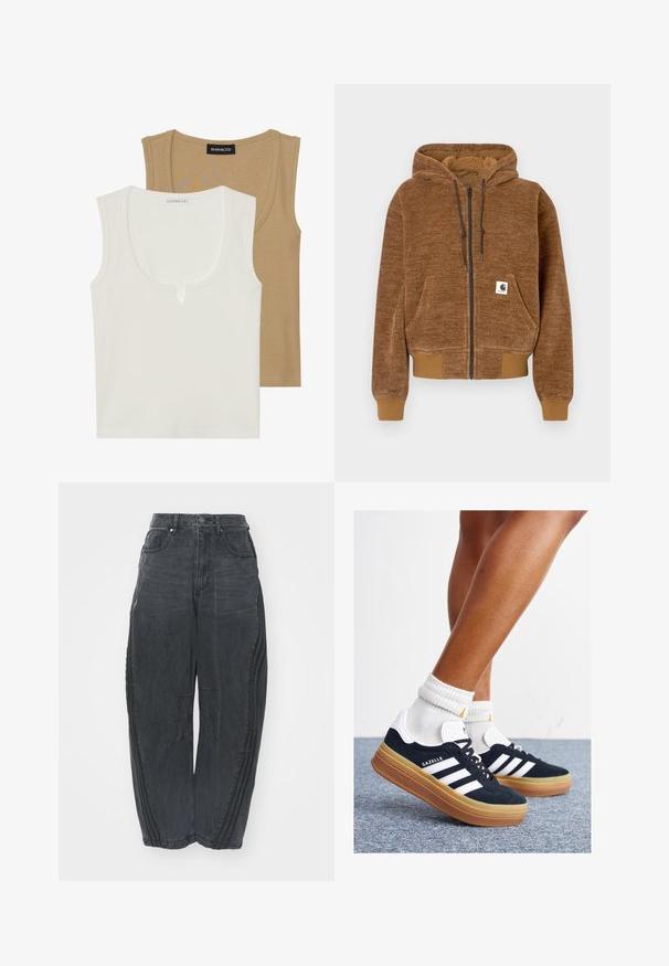 Braune Kapuzenjacke mit Reißverschluss, mit Kordelzugkapuze, Vordertasche, gerippten Bündchen und Saum sowie einem weißen Carhartt-Label auf der Tasche.; Zwei Trägershirts: eines in Creme mit Rundhalsausschnitt und leichtem Vorderdesign, das andere in Hellbraun, beide mit geripptem Material und breiten Trägern.; Lockere schwarze Denim-Jeans mit einem verblassten Finish, fünf Taschen, einem Knopfverschluss an der Taille und gestickten Details an der Vorderseite und den Seiten.; Schwarze Wildledersneaker mit weißen Streifen und Akzenten, rundlicher Zehenbereich, Sohlen aus braunem Gummi, kombiniert mit weißen, gerippten Sneakersocken.