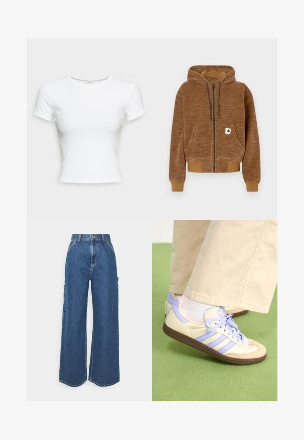 Ruda zip-up džinsinė striukė su šiurkščiu kepurėle, priekinė kišenė, pūtimo rankogaliai ir apykaklė, bei balta Carhartt prekės ženklo etiketė kišenėje.; Balta trumpa rankovė t-shirt iš lygaus medvilnės audinio. Jame yra paprastas apvalus apykaklė ir prigludęs siluetas. Be raštų ar akcentų.; Plačios mėlynos džinsinės kelnes su aukštu juosmeniu, kontrastingais siūlais ir šoninėmis kišenėmis, turinčios klasikinį penkių kišenių dizainą ir brutalius kraštus.; Kreminės ir levandų spalvos sportbačiai su trims juostelėmis ir tekstūruota ruda padais, su raišteliais ir paminkštintu kulnu. Minkšta medžiaginė viršutinė dalis.