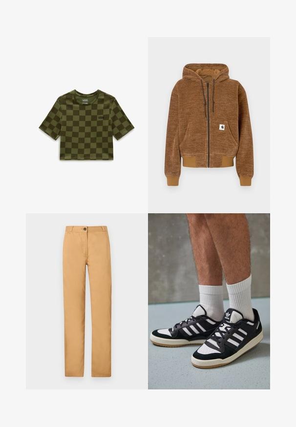 Ruskea vetoketjuhuppari, jossa on nyörillinen huppu, etutasku, ribbattu hihansuut ja helma, sekä valkoinen Carhartt-logo taskussa.; Vans CHECKER CREW CROP II. - Printtipaita - olivine; Kahvi ruskeat chinosit suoran leikkauksen muotoilulla, nappisuljenta ja sivutaskut. Kangas on sileä ja matta.; Valkoiset ja mustat tennarit, joissa on mokkanahka- ja nahkapäällinen, kolme valkoista raitaa, rei'itetty kärki ja kumipohja.
