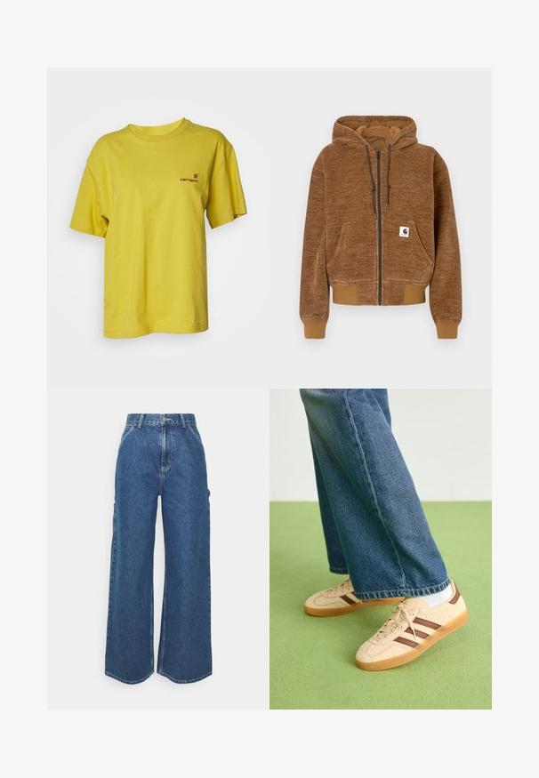 Hnědá mikina na zip s kapucí na stažení, přední kapsou, žebrovanými manžetami a lemem, a bílou značkou Carhartt na kapse.; Carhartt WIP AMERICAN SCRIPT - Jednoduché tričko - golden olive; Široké modré džíny s vysokým pasem, kontrastním šitím a postranními kapsami, které mají klasický design s pěti kapsami a rozstřižené lemy.; Beige tenisky s texturovanými krémovými panely a hnědými pruhy, kombinované s modrými džínovými kalhotami. Džínsy mají široké nohavice a roztrhaný lem.
