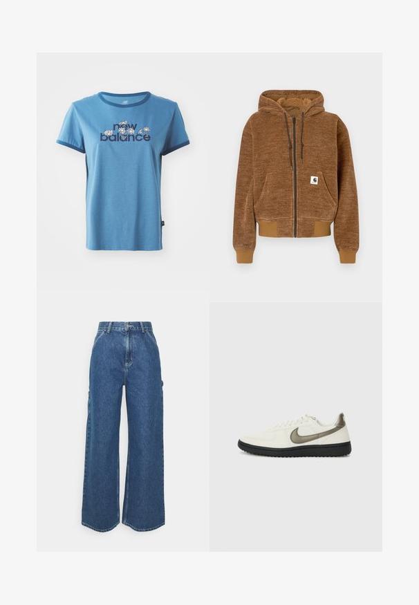 Ruda zip-up džinsinė striukė su šiurkščiu kepurėle, priekinė kišenė, pūtimo rankogaliai ir apykaklė, bei balta Carhartt prekės ženklo etiketė kišenėje.; Mėlyna medvilninė marškinėliai su trumpomis rankovėmis, tamsiai mėlyna apvadu, su "new balance" tekstu ir gėlių dizainais balta ir geltona spalvomis priekyje.; Plačios mėlynos džinsinės kelnes su aukštu juosmeniu, kontrastingais siūlais ir šoninėmis kišenėmis, turinčios klasikinį penkių kišenių dizainą ir brutalius kraštus.; Nike Sportswear FIELD GENERAL - Sportbačiai - off-white/black
