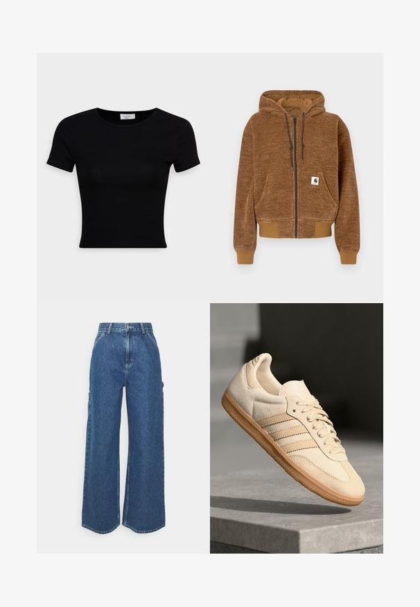 Fleece com fecho éclair castanho, capuz com cordão, bolso frontal, punhos e bainha canelados, e etiqueta branca da marca Carhartt no bolso.; T-shirt preta de manga curta feita de tecido de algodão suave, com decote redondo e um design ajustado. Minimalista, sem padrões visíveis.; Calças de ganga azuis de perna larga com cintura alta, costuras em contraste e bolsos laterais, apresentando um design clássico de cinco bolsos e bainhas desfiadas.; Sapatilha de camurça bege clara com sola de borracha, três riscas diagonais e uma biqueira texturizada. Apresenta o logótipo na língua e na lateral.