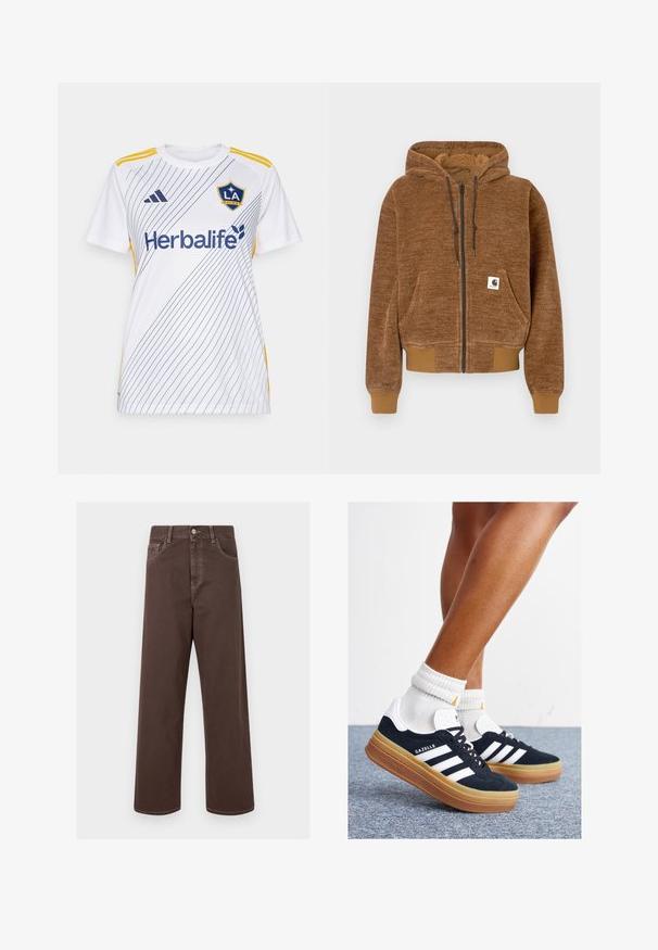 Brūns kapuce ar rāvējslēdzēju, ar regulējamu kapuci, priekšējo kabatu, ribotu aproču un apakšmalu, un balto Carhartt zīmola etiķeti uz kabatas.; Balta sporta krekls ar diagonālām zilām svītrām, dzelteniem akcentiem un "Herbalife" logotipu. Izstrādāts ērtībai ar īsām piedurknēm.; Brūnas platās denima bikses ar kontrastējošiem šuvēm, piecām kabatām un metāla pogu aizdari. Gluda tekstūra, taisna griezuma.; Melnas zamšādas sporta kurpes ar baltām svītrām un akcentiem, apaļa purngala daļa, gumijas zole, kopā ar baltām ribotām sporta zeķēm.