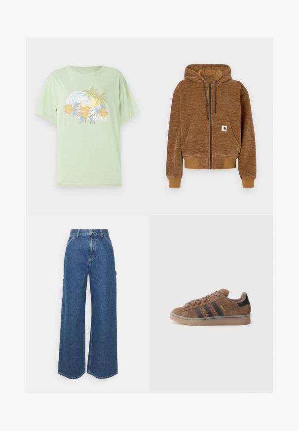 Brown zip-up hoodie with drawstring hood, front pocket, ribbed cuffs and hem, and white Carhartt brand label on pocket.; Light green short-sleeve T-shirt with a wave and floral graphic, featuring the brand name "ROXY" in white. Soft cotton material.; Wide-leg blue denim trousers with a high waist, contrasting stitching, and side pockets, featuring a classic five-pocket design and raw hems.; Brown suede sneaker with three dark stripes, textured lace-up front, and a contrasting black heel. Features a rubber sole and gold branding.