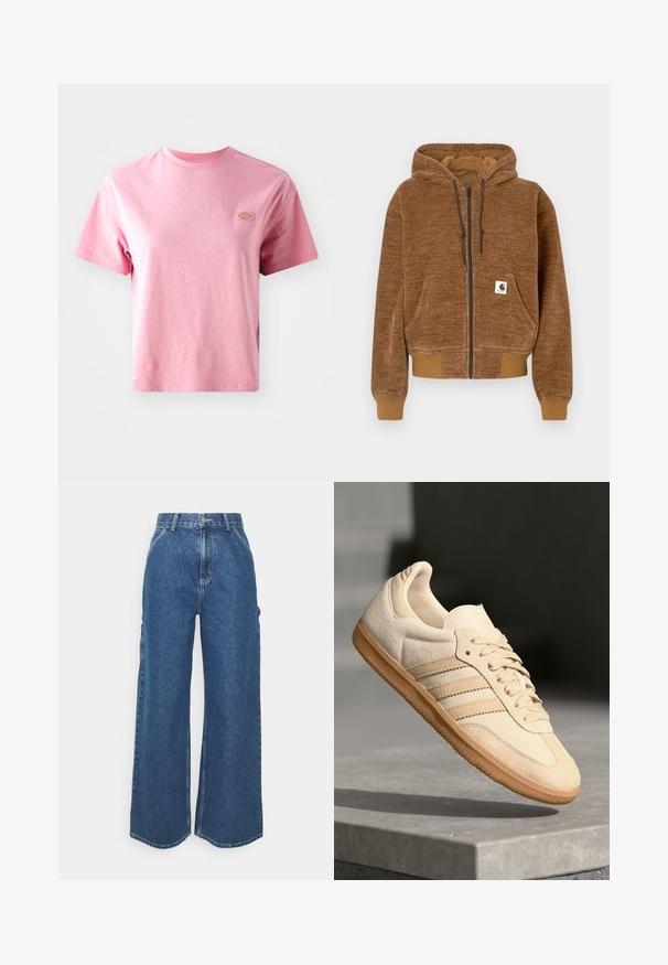 Rjava zip-up kapuca z nastavljivo kapuco, sprednjim žepom, rebrastimi manšetami in spodnjim robom ter belim Carhartt logotipom na žepu.; Roza bombažna majica s kratkimi rokavi, okroglim ovratnikom in pravokotno nalepko na levem prsnem delu. Gladka tekstura, sproščen kroj.; Široke modre denim hlače z visokim pasom, kontrastnim šivom in stranskimi žepi, ki vključujejo klasičen pet-džepni dizajn in robove brez obdelave.; Svetlo bež semišni športni copat z gumijastim podplatom, trije poševni trakovi in teksturiran zaščitni del. Vsebuje logotip na ježku in strani.