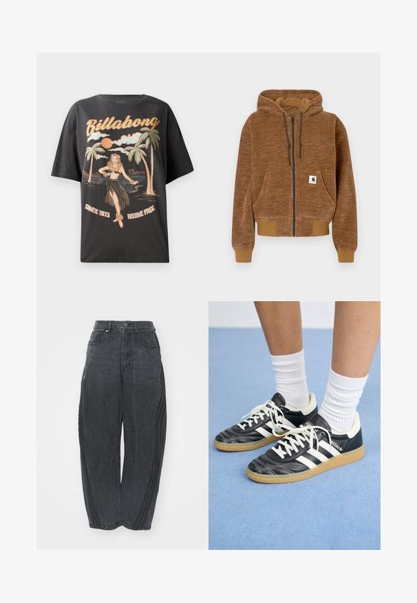 Brun genser med glidelås og hette med snor, frontlomme, ribbestrikkede mansjetter og kant, samt hvit Carhartt merkeetikett på lommen.; Svart bomull T-skjorte med et fargerikt grafisk trykk av en hula-danser, palmer og teksten "Billabong" i fet skrift.; Baggy svarte denimjeans med en falmet finish, fem lommer, belteknapplukking og sømdetaljer på forsiden og sidene.; Sorte lærersneakers med hvite striper, rund tå, hvite snørebånd og såle av gummigummi. Fremhevet med polstret krage og merkeinfos.