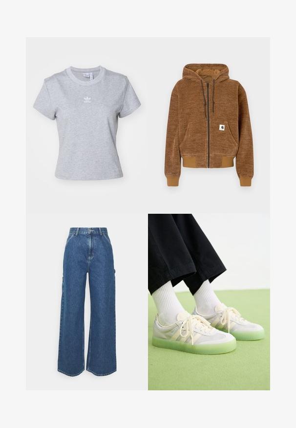 Pruun tõmbluku ja kapuutsi ning stringiga dressipluus, esiosa tasku, soonikuga varrukaotsad ja hem ning valge Carhartti brändi silt taskus.; adidas Originals ESS SLIM - Lihtne T-särk - medium grey heather; Laiene jalad sinised denim püksid kõrge vöökohaga, kontrastsete õmblustega ja küljetaskutega, klassikalise viie taskuga disainiga ja toore servaga.; Heledad kingad, mille ülemine osa on valmistatud nahast ja võrkses materjalist, millel on kolm külgriibi, lame kinnituskumm ja poolläbipaistev roheline kummist tald.