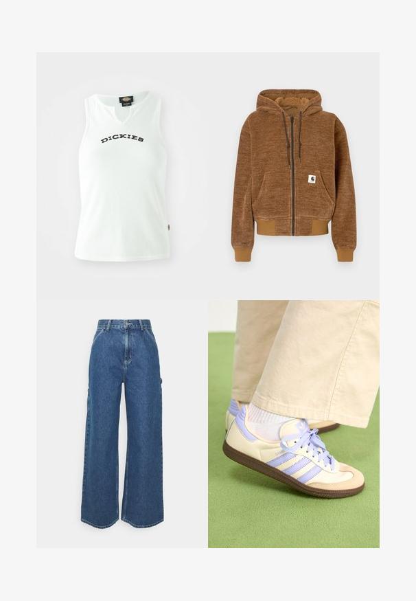 Hnedý zip-up mikina s kapucňou na šnúrku, prednou vreckom, rebrovanými manžetami a lemom, a bielou značkou Carhartt na vrecku.; Biela rebrovaná tielko s výstrihom do V, s textom "DICKIES" v tučných čiernych písmenách na hrudi. Bez rukávov.; Dlhé modré džínsy so širokými nohavicami a vysokým pásom, s kontrastným prešívaním a bočnými vreckami, s klasickým dizajnom piatich vreciek a surovými lemami.; Krémovo-fialové tenisky so tromi pruhmi a štruktúrovanou hnedou podrážkou, s šnúrkami a polstrovaným opätkom. Mäkký textilný zvršok.