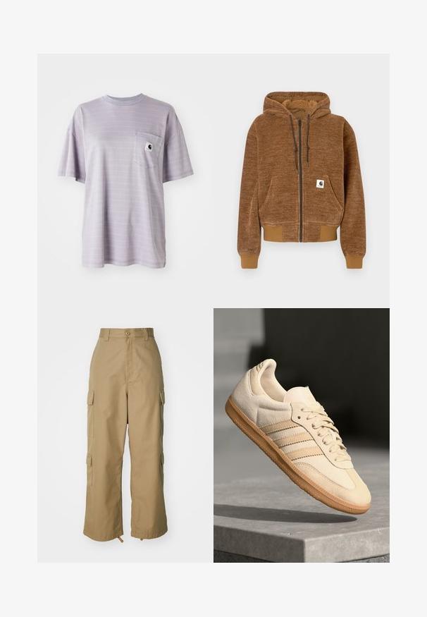 Brūns kapuce ar rāvējslēdzēju, ar regulējamu kapuci, priekšējo kabatu, ribotu aproču un apakšmalu, un balto Carhartt zīmola etiķeti uz kabatas.; Gaiši purpura īsām piedurknēm T-krekls ar smalkiem horizontāliem rakstiem un krūšu kabatu ar nelielu zīmola logo. Mīksts kokvilnas audums.; Bēša kravas bikses ar augstu jostasvietu, platām kājām un četriem lieliem sānu kabatām. Izgatavotas no izturīgas auduma ar gludu tekstūru un minimālām detaļām.; Gaišbeige zamšas sneakeris ar gumijas zoli, trim diagonālām svītrām un teksturētu purngali. Uz mēles un sānos ir redzams logotips.