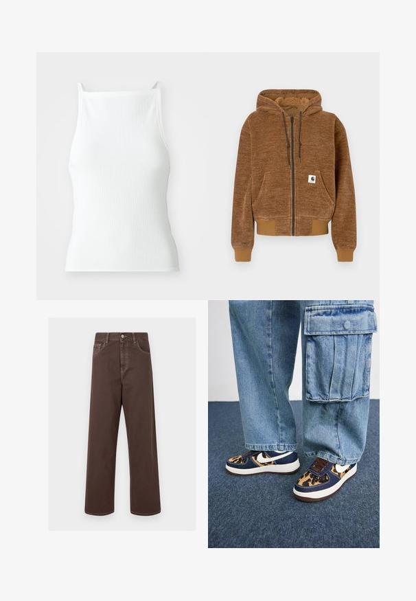 Barna, cipzáras kapucnis pulcsi, állítható kapucnival, elülső zsebbel, bordás mandzsettákkal és alsó résszel, valamint fehér Carhartt márkajelzéssel a zseben.; Fehér bordázott trikó vékony pántokkal, testhezálló kialakítással és sima textúrával. Az anyag rugalmasnak és enyhén strukturáltnak tűnik.; Barna, bővített lábú farmernadrág kontrasztos varrással, öt zsebbel és fémből készült gombos záródással. Sima textúra, egyenes szabás.; Tengerészes kék sportcipő leopárdmintás részletekkel, fehér Nike logóval, barna fűzőkkel és fehér középtalppal. Világoskék farmer térdnadrággal párosítva.