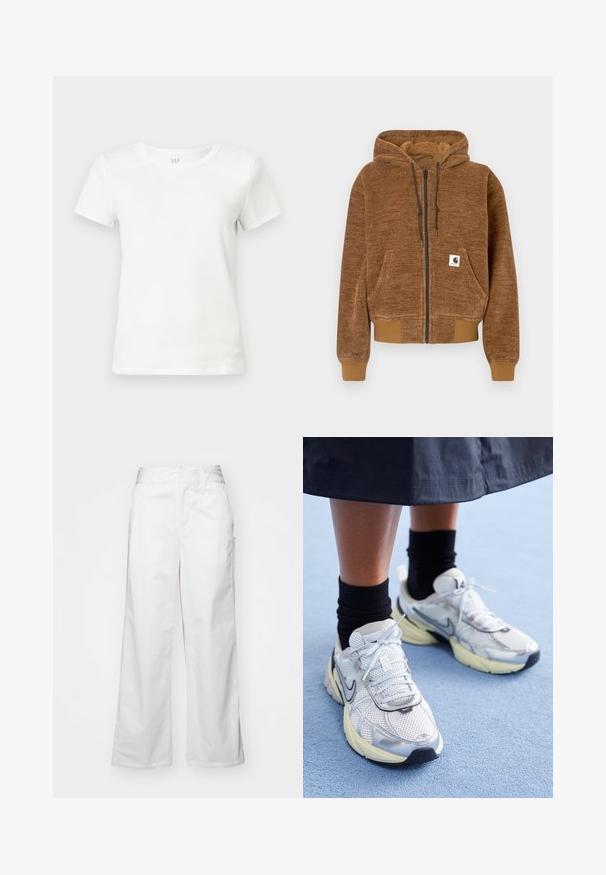 Brūns kapuce ar rāvējslēdzēju, ar regulējamu kapuci, priekšējo kabatu, ribotu aproču un apakšmalu, un balto Carhartt zīmola etiķeti uz kabatas.; Baltas kokvilnas t-krekls, īsām piedurknēm, apaļa kakla izgriezums, gluda tekstūra, taisna griezuma, birkas redzamas iekšpusē ap kaklu, bez grafiskām dizainām vai rotājumiem.; Balti platie kājas bikses no kokvilnas, ar gludu tekstūru, taisnu piegriezumu, priekšējām kabatām un tīru apakšmalu.; Baltie un sudraba Nike kedas ar tīkla audumu, atstarojošiem akcentiem un bēša zoli. Valkātas ar melnām zeķēm, stāvot uz zilas virsmas.