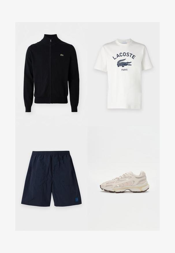 Zwarte ritscardigan gemaakt van zachte stof, met een hoge kraag, ribbels aan de mouwen en een klein groen krokodillenlogo op de borst.; Witte katoenen t-shirt met korte mouwen, voorzien van een marineblauwe Lacoste-logo en krokodilafbeelding in het midden van de borst. Zachte textuur.; Marineblauwe shorts van lichtgewicht materiaal met een elastische tailleband en een klein vierkant GAP-logo rechtsonder.; Lichtbeige sportshoe met een upper van mesh, textuuraccenten en gouden details. Beschikt over een dikke witte tussenzool en rubberen buitenzool.