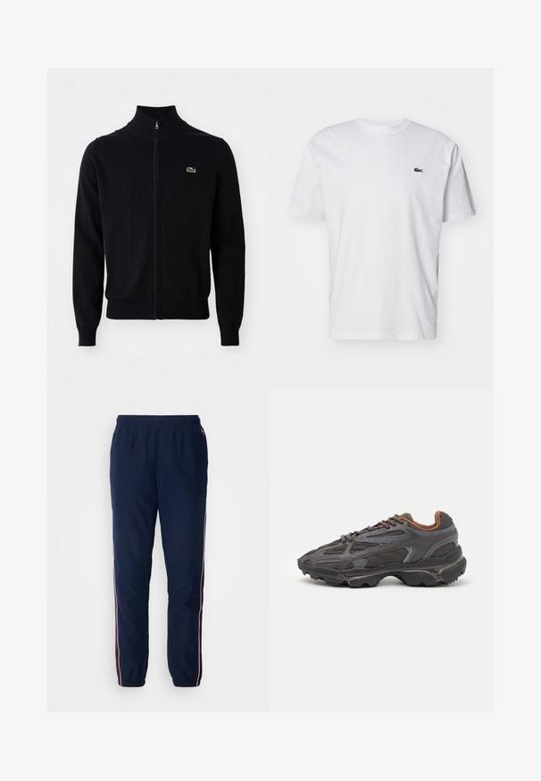 Schwarze Reißverschluss-Strickjacke aus weichem Stoff, mit einem hohen Kragen, gerippten Bündchen und einem kleinen grünen Krokodillogo auf der Brust.; Weißes Baumwoll-T-Shirt mit Rundhalsausschnitt, kurzen Ärmeln und einem kleinen grünen gestickten Logo auf der Brust. Klassisches, gerades Schnittdesign.; Marineblaue Windjackenhose mit elastischem Bund und Bündchen. Verfügt über weiße und kastanienbraune Seitenstreifen. Glattes, leichtes Material.; Lacoste Sneaker in Dunkelgrau aus Mesh und Synthetikmaterial, mit einer strukturierten Sohle und braunen Akzenten am Kragen und Logo.