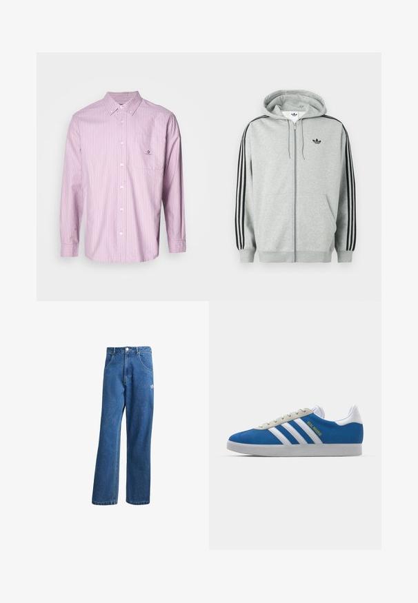 Siva jopa z zadrgo s črnimi tremi črtami na rokavih, rebrastimi manšetami in spodnjim robom, z majhnim črnim logotipom na prsih.; Srajca z dolgimi rokavi in gumbom v svetlo roza barvi z navpičnimi belimi črtami, iz bombažnega blaga, ovratnikom, sprednjo žepe in logotipom na žepu.; Modre visoko pasu široke denim kavbojke z sprednjimi žepi, zankami za pas, gumbom za zapiranje in majhnim logotipom Adidas na desni stegno.; adidas Originals ADIDAS GAZELLE SHOES - Dvoranske nogometne kopačke - real madrid/bluebird/footwear white/crew yellow