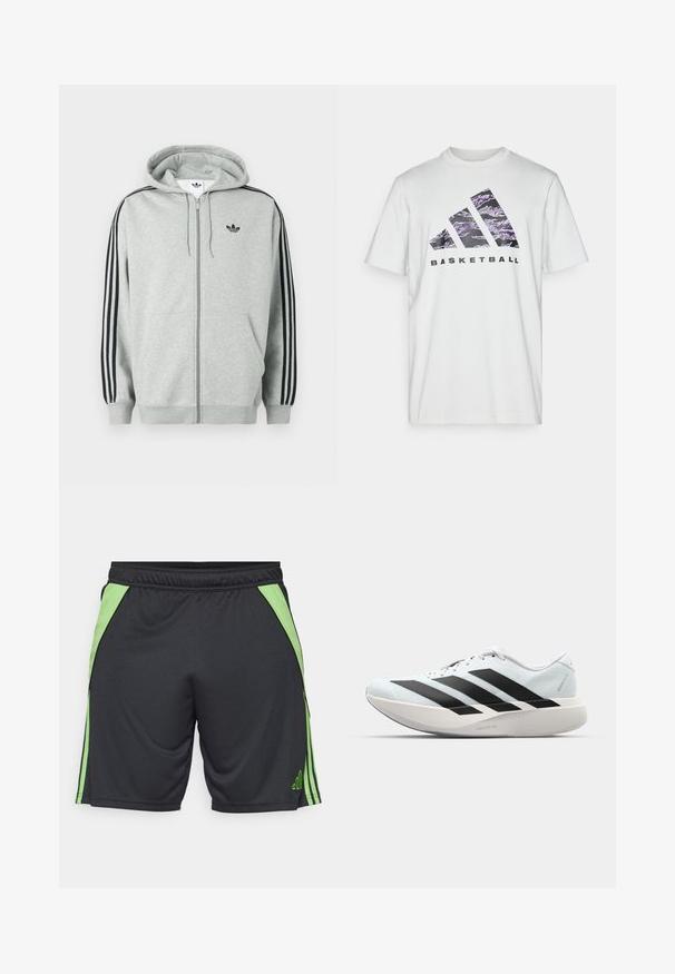 Hanorac gri cu fermoar, cu accente negre cu trei dungi pe mâneci, manșete și tiv striate, având un mic logo negru pe piept.; Tricou alb din bumbac, cu mâneci scurte, având un imprimeu grafic violet și negru cu trei dungi și cuvântul "BASKETBALL."; Şorturi atletice negre cu accente laterale verzi și dungi. Fabricate din material ușor, având o talie elastică pentru confort.; Pantofi de alergare ușori în albastru deschis cu dungi negre. Au un superior neted, vârf rotund și o intermediară groasă albă etichetată "LIGHTSTRIKE PRO."