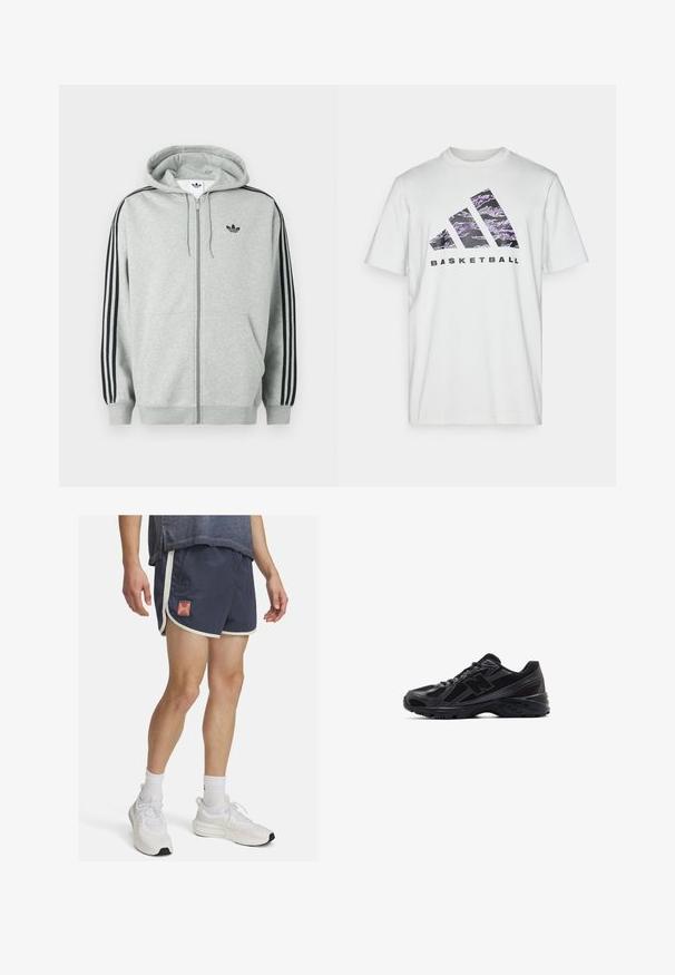 Pelēks rāvējslēdzēja džemperis ar melnu trīs svītru akcentu uz piedurknēm, ribveida aprocēm un apakšmalu, priekšpusē neliels melns logotips.; Balts kokvilnas T-krekls ar īsām piedurknēm, ar purpura un melnu grafiku, kas attēlo trīs svītras un vārdu "BASKETBALL".; Navy krāsas sporta šorti ar baltu apdari un Under Armour logo. Viegls audums ar teksturētu virsmu, izstrādāti, lai nodrošinātu komfortu fiziskās aktivitātes laikā.; Melnas sporta apavus ar sieta augšdaļu un sintētiskām virsmām, ar strukturētu zoli un atstarojošiem akcentiem redzamībai.