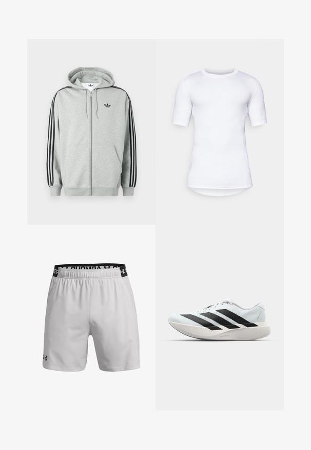 Pelēks rāvējslēdzēja džemperis ar melnu trīs svītru akcentu uz piedurknēm, ribveida aprocēm un apakšmalu, priekšpusē neliels melns logotips.; Balta īsām piedurknēm veiktspējas krekls, izgatavots no elastīga materiāla. Iespējas apaļa kakla izgriezums un plakanas šuves komfortam un pieguļoša dizaina.; Gaiši pelēki sporta šorti, izgatavoti no elpojoša auduma. Iespējas ietver elastīgu jostasvietu ar melnu logotipu un sānu kabatām.; Gaiši zili vieglie skriešanas apavi ar melniem svītrainiem. Iezīmēti ar gludu augšpusi, apaļu purngalu un biezāko balto vidējo zoli, kurā ir uzraksts "LIGHTSTRIKE PRO."