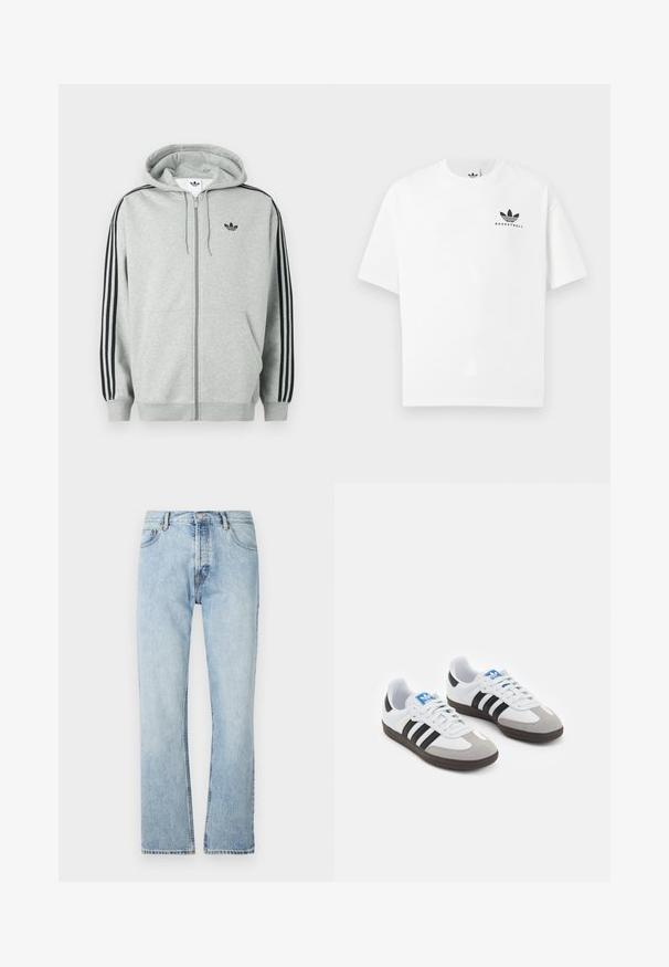Siva jopa z zadrgo s črnimi tremi črtami na rokavih, rebrastimi manšetami in spodnjim robom, z majhnim črnim logotipom na prsih.; Bela bombažna majica s kratkimi rokavi, ki na sprednji strani vsebuje črn logotip "BASKETBALL" in ikoničen dizajn treh črt.; Svetlo modri pravo-rezani džins hlače iz denima, ki imajo klasičen dizajn s petimi žepi in zapiranjem na gumb v pasu.; Športni čevlji z belim usnjenim zgornjim delom, sivim semišem na prstih in tremi črnimi črtami. Imajo modro logo na jeziku in teksturiran gumijast podplat.