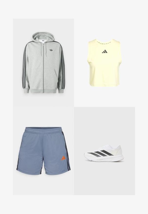 Sweatshirt cinzento com fecho de correr e destaque preto de três riscas nas mangas, punhos e bainha canelados, com um pequeno logótipo preto no peito.; Top cropped sem mangas feito de um tecido amarelo suave, com decote redondo e logótipo da Adidas em cinza escuro no peito. Textura lisa.; Shorts de desporto azul claro com um cinto elástico, riscas laterais pretas e um logótipo da adidas laranja no lado inferior esquerdo.; Shoe atlético branco com riscas diagonais pretas, parte superior em malha, bico arredondado e sola texturizada. Os destaques incluem um calcanhar prateado e um design minimalista.