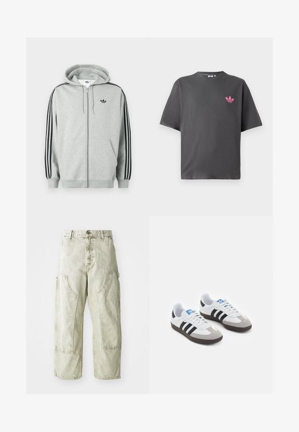 Sudadera gris con cremallera y detalle de tres franjas negras en las mangas, puños y dobladillo acanalados, con un pequeño logo negro en el pecho.; Camiseta de manga corta gris oscuro con un pequeño logo trefoil rosa de Adidas en el lado izquierdo del pecho, presentada sobre un fondo blanco.; Pantalones cargo de pierna ancha en verde claro, hechos de denim, con grandes bolsillos laterales, cierre de botón y cremallera, y detalles de costura visibles.; Zapatillas deportivas con parte superior de piel blanca, puntera de ante gris y tres rayas negras. Presentan un logo azul en la lengüeta y una suela de goma texturizada.