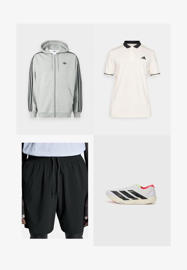 Gray zip-up hoodie with black three-stripe accent on sleeves, ribbed cuffs and hem, featuring a small black logo on the chest.; Cream polo shirt with a black collar and striping. Three-button placket. Left chest features a black Adidas logo. Soft fabric texture.; Black athletic shorts with an elastic waistband and drawstring. Features smooth texture and side pockets, tailored for comfort and mobility.; White running shoe with black stripes, neon green accents, and a red heel. Features a lightweight design and textured sole for grip.