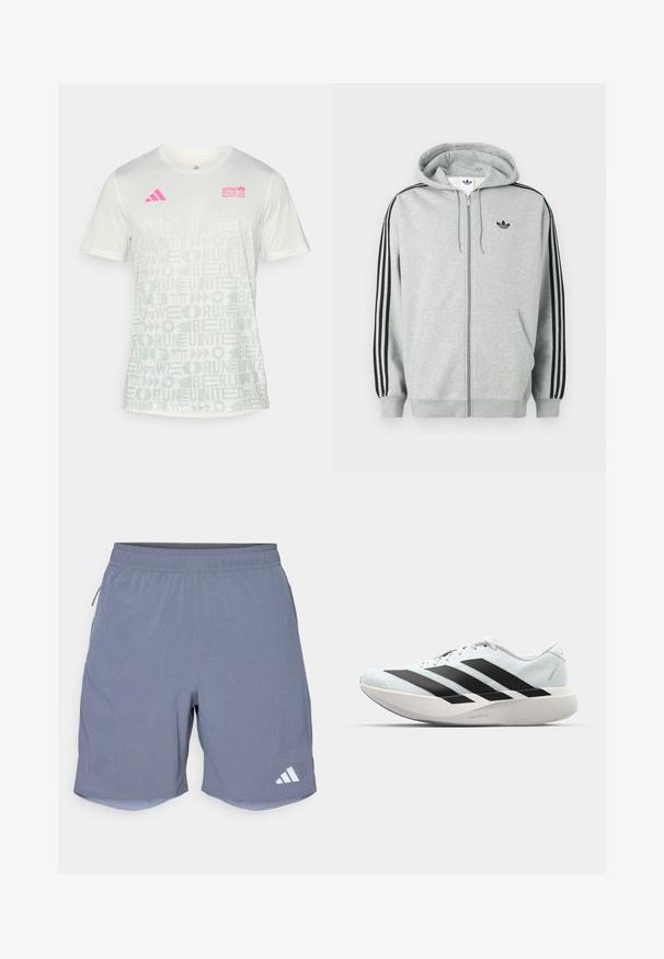Siva majica s kapuljačom na patentni zatvarač s crnim trostrukim prugama na rukavima, rebrastim manšetama i rubom, na prsima s malim crnim logotipom.; adidas Performance BER25 AOP TEE - Sportska majica - crystal jade; adidas Performance Sportske kratke hlače - onix; Lagane tenisice za trčanje u svijetloplavoj boji s crnim trakama. Imaju glatku gornju površinu, okrugli vrh i debeli bijeli srednji sloj označen "LIGHTSTRIKE PRO."