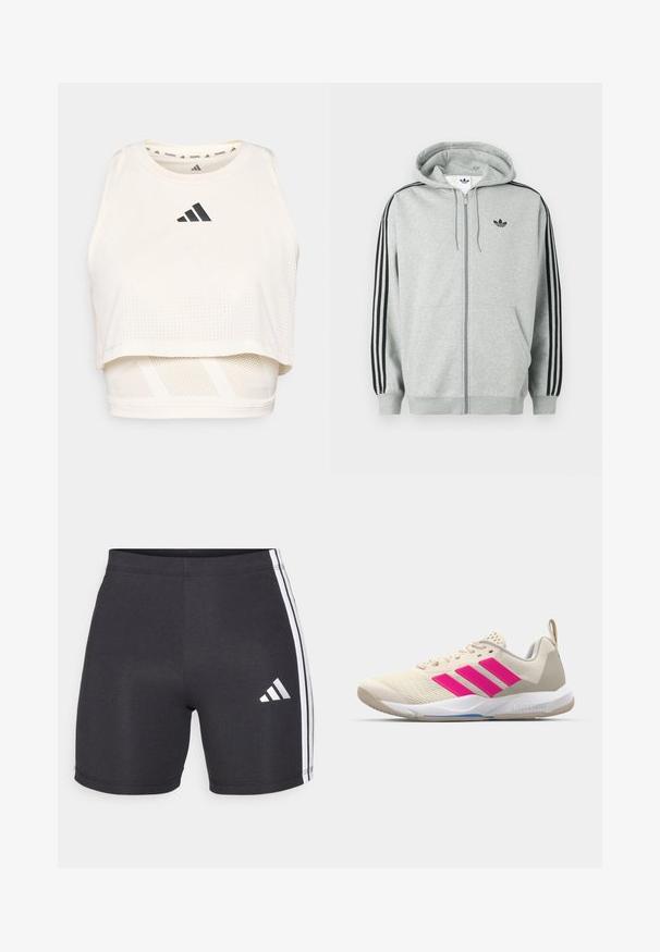 Harmaa vetoketjullinen huppari, jossa mustat kolmen raidan yksityiskohdat hihoissa, resorit hihansuissa ja helmassa, sekä pieni musta logo rinnassa.; Valkoinen urheilullinen lyhyt tankkitoppi, joka on valmistettu hengittävästä kankaasta. Siinä on pyöreä kaula-aukko, rei'itetty pinta ja musta logo edessä.; Mustat urheilushortsit joustavaan kangasta, joissa on valkoiset sivuviivat ja Adidas-logo oikean alahousun kohdalla. Sileä tekstuuri.; Beige urheilujalkine, jossa on vaaleanpunainen kolmonen-striippi-logo, teksturoitu verkko-yläosa, pehmustettu kaulus ja valkoinen kumipohja, jossa on "LIGHTSTRIKE" -brändäys.