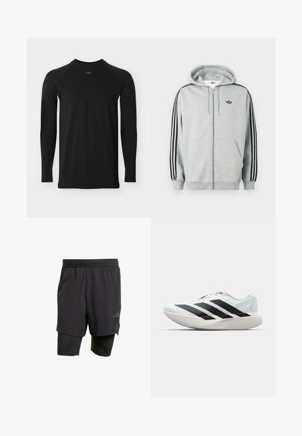 Sweatshirt cinzento com fecho de correr e destaque preto de três riscas nas mangas, punhos e bainha canelados, com um pequeno logótipo preto no peito.; Camisa preta de manga longa com gola redonda, feita de um tecido liso e durável; apresenta mangas raglan e uma discreta marcação tonal na gola.; Calções atléticos pretos com camada interior integrada, feitos de tecido respirável. Apresentam um logotipo subtil e textura estruturada. Cintura ajustável.; Tênis de corrida leves em azul pálido com riscas pretas. Apresentam um cabedal liso, bico redondo e uma entressola espessa branca rotulada como "LIGHTSTRIKE PRO."