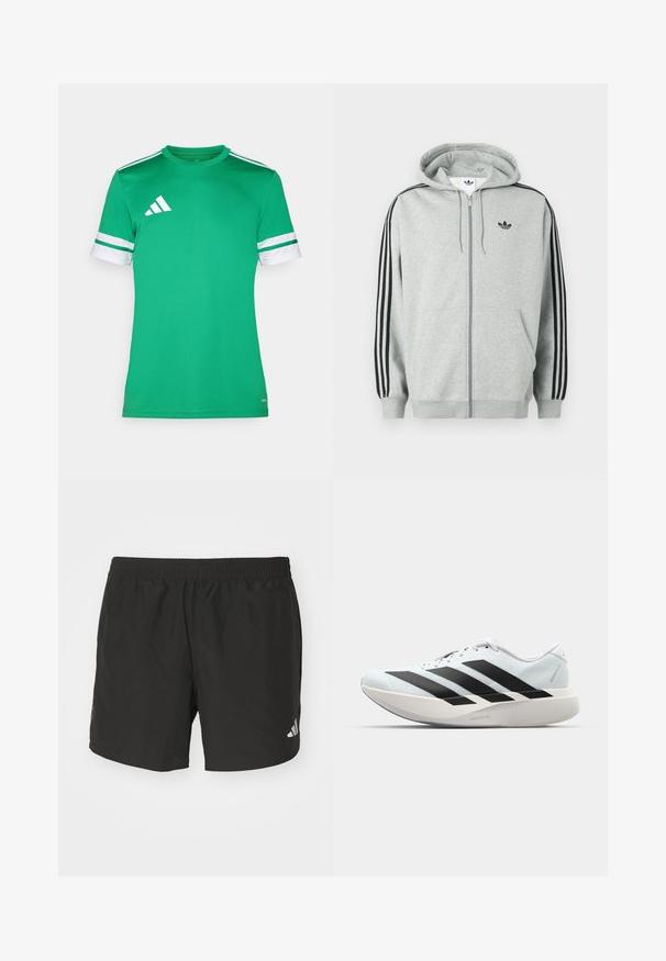 Pilkas gobtuvas su užtrauktuku, juoda trijų dryžių akcentu ant rankovių, ribotomis rankogaliais ir apačia, su mažuoju juodu logotipu ant krūtinės.; Žalias sportinis marškinėliai iš lygaus audinio, su baltomis juostelėmis ant rankovių ir trikampiu baltu logotipu kairiajame viršutiniame kampe.; Juodi sportiniai šortai su elastinga juosmena, šoninėmis plyšiais ir atspindinčiais logotipais. Pagaminti iš lengvos, lygaus audinio.; Lengvi bėgimo batai šviesiai mėlynos spalvos su juodomis juostelėmis. Yra lygus viršus, apvalus pirštas ir storas baltas vidpadis su užrašu "LIGHTSTRIKE PRO."