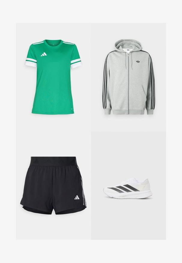 Pilkas gobtuvas su užtrauktuku, juoda trijų dryžių akcentu ant rankovių, ribotomis rankogaliais ir apačia, su mažuoju juodu logotipu ant krūtinės.; Žalia sportinė marškinė pagaminta iš lengvos medžiagos, turi apvalų kaklą, baltais dryžiais dekoruotas rankoves ir logotipą viršutiniame kairiajame kampe.; Juodos sportinės šortai su elastinga juosta, su tekstūruota juosta, šoninėmis juostelėmis ir baltu Adidas logotipu apatinėje dalyje.; Baltos sportinės bateliai su juodomis įstrižainėmis, tinklinė viršutinė dalis, apvalus pirštas ir tekstūruotas padas. Priedai apima sidabrinį kulną ir minimalistinį dizainą.