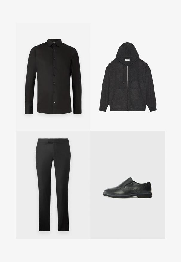 Sweatshirt com fecho éclair na cor cinza grafite, capuz com cordão, textura canelada e bolsos frontais. Apresenta mangas longas e um corte relaxado.; Camisa preta de manga longa feita de tecido suave; apresenta colarinho espalhado, botões frontais e corte ajustado. Simples, em cor sólida sem padrões.; Calças pretas de perna reta feitas de um tecido suave, com frente lisa, sem bolsos visíveis e um design de cintura limpa.; Sapato slip-on preto em pele com um upper liso, acabamentos cosidos, bico arredondado e um salto de borracha baixo. A sola apresenta um padrão de aderência mínimo.