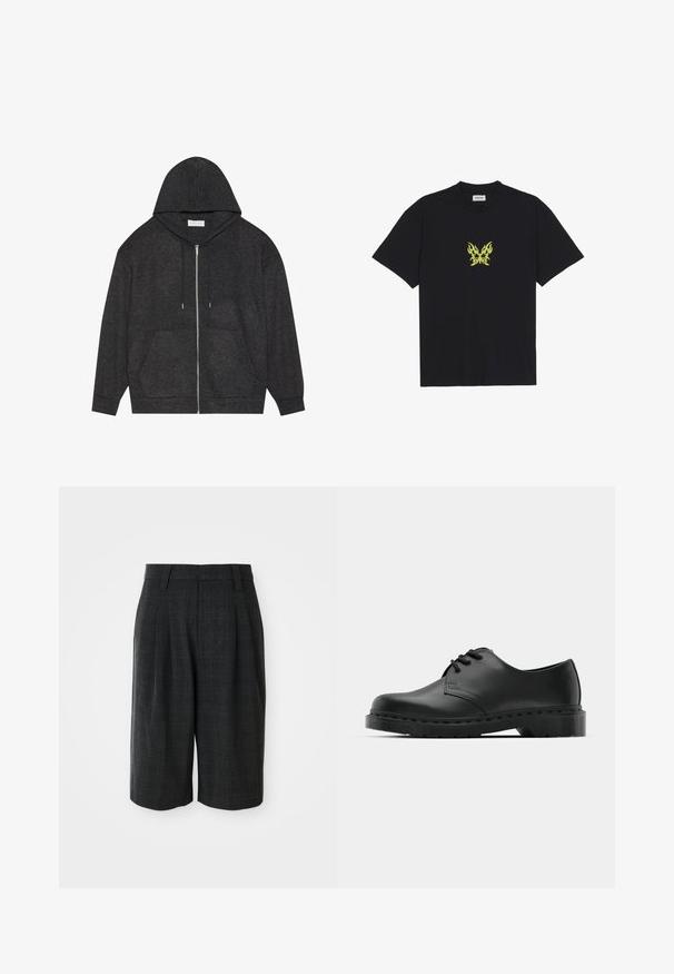 Sweatshirt com fecho éclair na cor cinza grafite, capuz com cordão, textura canelada e bolsos frontais. Apresenta mangas longas e um corte relaxado.; T-shirt de algodão preto com um pequeno gráfico de borboleta em padrão de chama amarela no peito. Decote redondo, mangas curtas.; Calças curtas ajustadas até ao joelho, em cinza escuro, com um padrão xadrez subtil e passagens para cinto, sobre um fundo branco simples.; Sandalho oxford de couro preto com design de atacador, bico arredondado, sola de borracha plana e detalhe de costura discreto no cabedal.