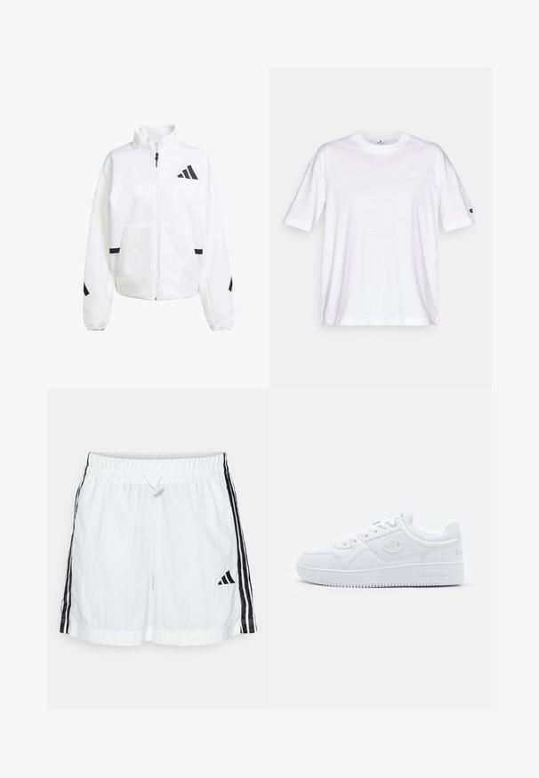 Hvid zip-up jakke lavet af et blødt stof, med en opretstående krave, sorte detaljer og et logo designet på venstre bryst og ærmerne.; Hvid bomulds T-shirt med rund hals, korte ærmer og et lille logo på venstre bryst. T-shirten har en afslappet pasform og ensfarvet design.; Hvide sports shorts med elastisk talje, snøredetalje, sorte striber i siden og brandlogo i sort nederst til venstre.; Hvide sneakers lavet af glat syntetisk materiale, med rund tå, flad sål og diskrete logo detaljer på siderne. Klassisk lavt design.