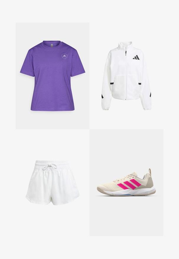 Vit zip-up jacka gjord av ett mjukt tyg, med ståkrage, svarta detaljer och en logotypdesign på vänster bröst och ärmar.; Lila bomull T-shirt med rund hals, korta ärmar och en cirkulär logotypdesign på vänster bröst.; Vita träningsshorts med elastisk midja och justerbar dragsko. Tillverkade av lätt material, med sidofickor och en lös passform.; Beige idrottssko med rosa tre-stripes logotyp, texturerad meshöverdel, vadderad krage och vit gummisula, med "LIGHTSTRIKE"-branding.