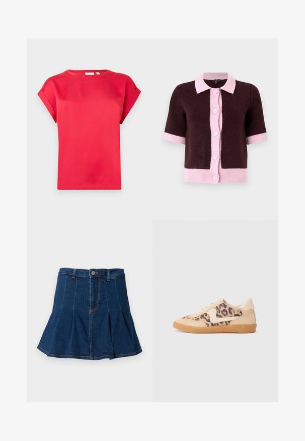 Krátky rukáv kardigán v tmavo hnedej pletenine, s bledoružovým golierom a záhybom na gombíky, s kontrastným ružovým lemom a manžetami.; Červené tričko s krátkym rukávom vyrobené z hladkého materiálu, s okrúhlym výstrihom a zvinutými manžetami, má voľný strih a žiadne viditeľné vzory.; Džínová sukňa v tmavomodrej farbe, s plisovaným dizajnom, piatimi vreckami, predným zapínaním na gombík a kontrastnými švami.; Tenisky s leopardím vzorom, s béžovým semišovým zvrškom, svetlohnedou gumovou podrážkou a bielymi akcentmi. Okrúhla špička a šnurovací dizajn s textúrovaným povrchom.