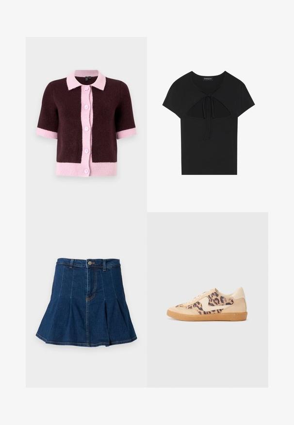 Kortärmad cardigan i mörkbrunt stickat material, med en ljusrosa krage och knäppning, samt kontrasterande rosa fåll och manschetter.; Svart kortärmad topp med rund halsringning, med utskärning och knytning fram. Tillverkad av mjukt, lätt material.; Jeanskjol i mörkblått, med en plisserad design, fem fickor, en framknäppning och kontrasterande sömdetaljer.; Leopardmönstrade sneakers med överdel i beige mocka, tan gummisula och vita detaljer. Rund tå och snörning med en strukturerad finish.