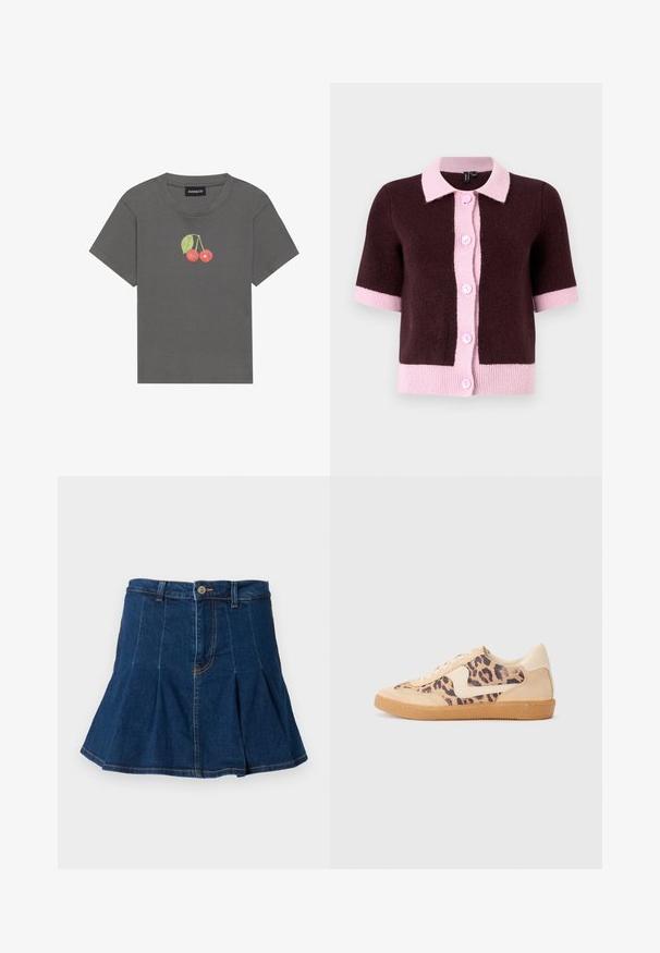 Kortærmet cardigan i mørkebrun strikkemateriale, med en lyserød krave og knaplukning, samt kontrasterende lyserøde kantbånd og manchetter.; Grå ribbet T-shirt med korte ærmer, der har et lille kirsebærmotiv med blade broderet på brystet.; Jeansnederdel i mørkeblå med plisseret design, fem lommer, frontknaplukning og kontrasterende syninger.; Leopardprint sneakers med beige ruskindsoverdel, tan gummisål og hvide detaljer. Rund pegefinger og snørebåndsdesign med en tekstureret finish.