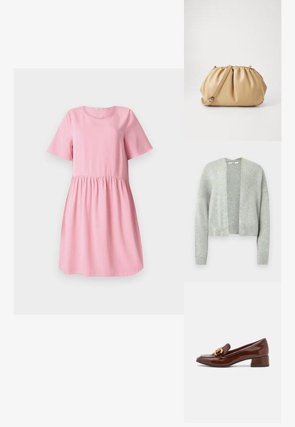 Cardigan de punto gris claro con frente abierto, hombros caídos y puños acanalados. Textura suave con un sutil patrón jaspeado.; Vestido corto rosa hecho de una tela suave, con mangas cortas, escote redondo y una cintura fruncida. Textura suave, diseño simple.; Mocasines de cuero marrón con un acabado brillante, que presentan una hebilla decorativa dorada en la parte frontal y un tacón bajo tipo bloque. Diseño clásico.; Bolso de piel color marrón claro con un diseño plisado, correa ajustable y forma redondeada. Marca minimalista en la superficie frontal.