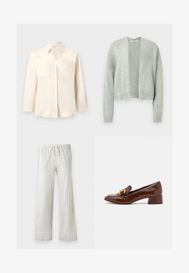 Svetlo siva pletena kardigan jakna z odprtim sprednjim delom, spušenimi rameni in rebrastimi manšetami. Mehka tekstura s subtilnim melange vzorcem.; Svijetlosmeđa lanena košulja s ovratnikom, s pet dugmadi i dva prednja džepa. Ima duge rukave i slobodan kroj.; Bele hlače s vrvico in tankimi vertikalnimi modrimi črtami ter elastičnim pasom, prikazane spredaj na enotni podlagi.; Brahkni usnjeni mokasini z sijočo površino, ki imajo dekorativno zlato zaponko spredaj in nizko blok peto. Klasična zasnova.