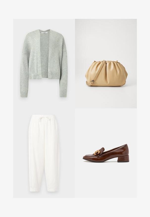 Cardigan di maglia grigio chiaro con apertura frontale, spalle cadenti e polsini a coste. Tessuto morbido con un delicato motivo mélange.; T-shirt a maniche lunghe in cotone bianco da donna con scollatura rotonda, mostrata su uno sfondo bianco semplice.; Pantaloni bianchi, morbidi e leggeri, realizzati in tessuto leggero. Presentano una vita elasticizzata con cordoncino e polsini tapered alle caviglie.; Mocassini in pelle marrone con finitura lucida, caratterizzati da una fibbia dorata decorativa sulla parte anteriore e un tacco basso a blocco. Design classico.; Borsa a tracolla in pelle color cuoio con design plissettato, tracolla regolabile e forma arrotondata. Branding minimalista sulla superficie frontale.
