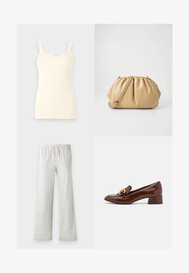 Světle šedý pletený cardigan s otevřeným předním dílem, spadlými rameny a žebrovanými manžetami. Měkká textura s jemným melírováním.; Žluto-ribovaná tílko s nastavitelnými ramínky zdobenými krajkou a přiléhavým střihem. Měkká textura s hladkým povrchem.; Bílé kalhoty na šňůrku s tenkými vertikálními modrými pruhy a elastickým pasem, zobrazené čelním pohledem na jednobarevném pozadí.; Hnědé kožené mokasíny s lesklým povrchem, se zdobnou zlatou sponou na přední straně a nízkým blokovým podpatkem. Klasický design.; Kožená taška v tan barvě s plisovaným designem, nastavitelným popruhem a zaobleným tvarem. Minimalistické logo na přední straně.