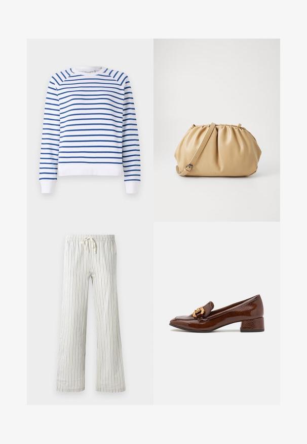 Cardigan tricotat de culoare gri deschis, cu față deschisă, umeri căzuți și manșete cu dantelă. Textură moale cu un subtil model heather.; Hanorac alb cu dungi orizontale bleu, decolteu rotund și manșete cu nervuri. Fabricat dintr-un material moale din bumbac.; Pantaloni albi cu șnur și dungi subțiri verticale albastre, cu un tiv elastic, prezentați din față pe un fundal simplu.; Loafers din piele maro cu un finisaj lucios, având o cataramă decorativă aurie în față și un toc mic tip bloc. Design clasic.; Geantă de mână din piele colorată în nuanțe de chihlimbar, cu un design pliat, curea ajustabilă și o formă rotunjită. Branding minimal pe suprafața frontală.