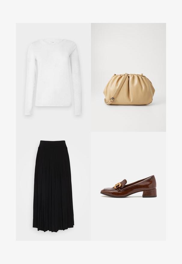 Lichtgrijze gebreide cardigan met een open voorkant, drop schouders en geribde manchetten. Zachte textuur met een subtiele heatherpatroon.; Witte dames lange mouw katoenen t-shirt met ronde hals, weergegeven op een eenvoudige witte achtergrond.; Zwarte plissé rok met een hoge, elastische tailleband. Gemaakt van zachte stof, met verticale plooien voor een vloeiende silhouet.; Bruine leren loafers met een glanzende afwerking, met een decoratieve gouden gesp aan de voorkant en een lage blokhak. Klassiek ontwerp.; Tan leren handtas met een geplooid ontwerp, verstelbare schouderriem en een ronde vorm. Minimalistische branding op het vooroppervlak.