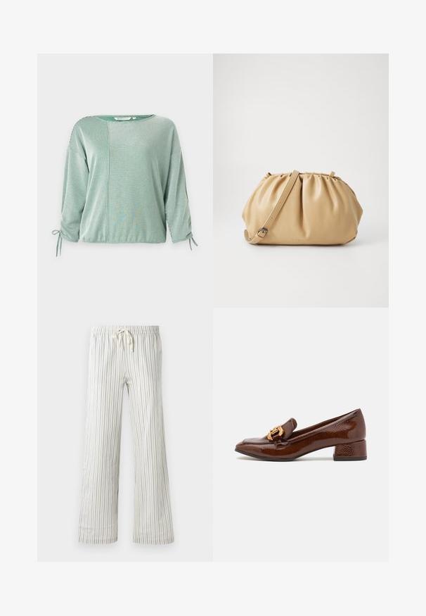 Hellgrauer gestrickter Cardigan mit offenem Vorderteil, überschnittenen Schultern und gerippten Bündchen. Weiche Textur mit einem subtilen Melange-Muster.; Grünes gestreiftes Oberteil mit Dreiviertelärmeln, lockerer Passform, gebundenen Akzenten an den Ärmeln und einem kontrastierenden Paneeldesign. Weicher Stoff.; Weiße Jogginghose mit dünnen vertikalen blauen Streifen und elastischem Bund, frontal auf einem einfarbigen Hintergrund präsentiert.; Braune Lederloafers mit glänzender Oberfläche, ausgestattet mit einer dekorativen goldenen Schnalle an der Vorderseite und einem niedrigen Blockabsatz. Klassisches Design.; Tasch in hellbraunem Leder mit gefälteltem Design, verstellbarem Tragegurt und runder Form. Minimalistische Markenkennzeichnung auf der Vorderfläche.